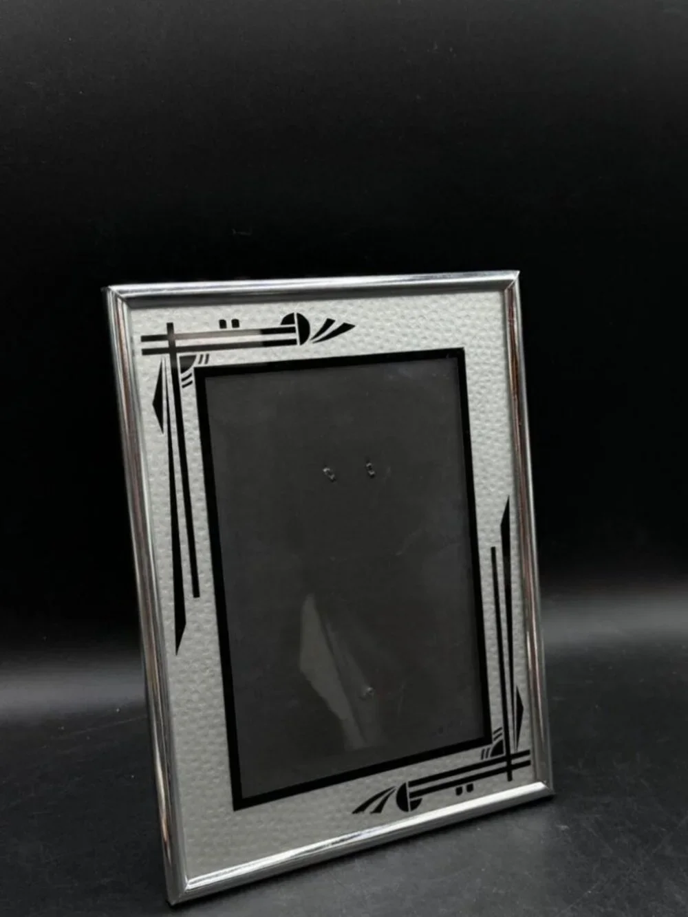 Art Deco Style Picture Frame Silver Black Reverse Painted 7” X 9”